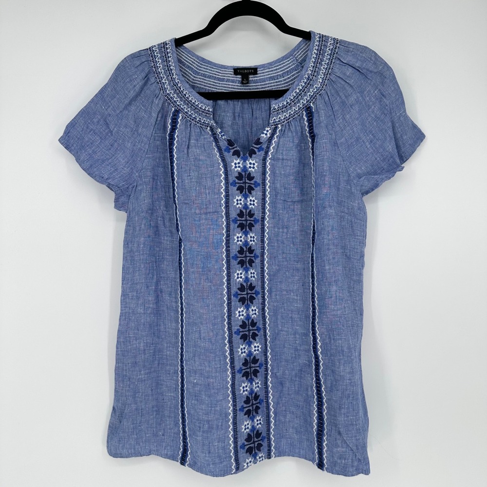 Talbots 100% Linen Blue Chambray Embroidered Tunic Smocked Top Split V Neck L